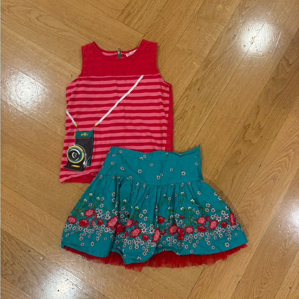 American Girl Red and Teal Floral Kids Skirt Set